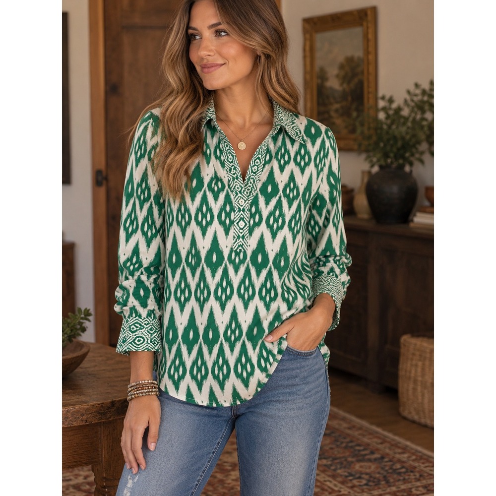 Talbots Blouse Green White Ikat Geometric Cotton Long Sleeve High-Low XL